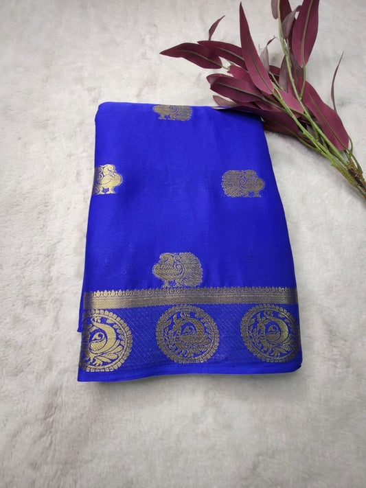 Royal Blue Semi Silk Gadwal Saree with Gold Zari Peacock Border - SS-96