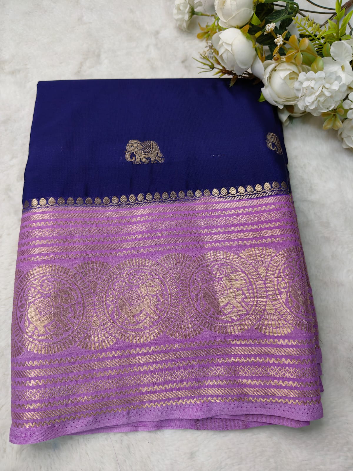 Semi Silk Saree with Elephant Zari Border | Royal Blue & Purple Traditional Saree SS-98