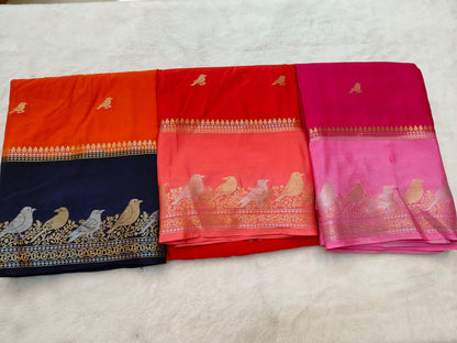 Semi Silk Saree with Bird Zari Border | Contrast Festive Traditional Saree SS -101