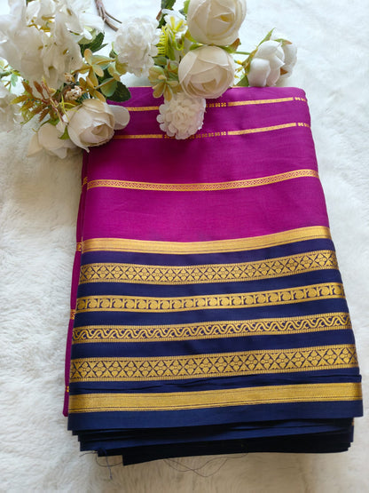 Magenta & Navy Blue Silk Saree with Gold Zari Border | Traditional Indian Saree - SS- 103