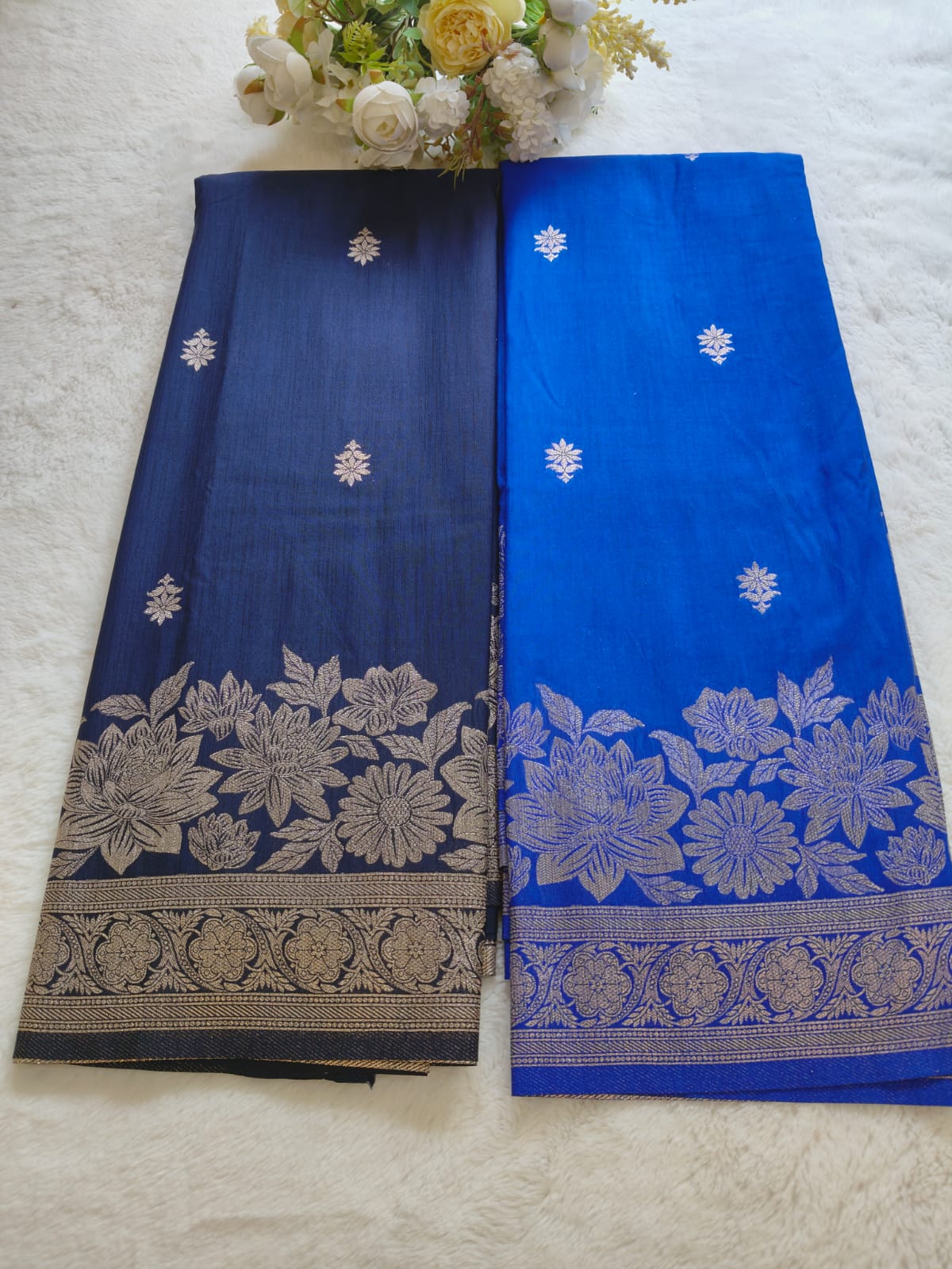 Pani Silk Saree Navy Blue & Royal Blue with Silver Zari Floral Border | SS-106