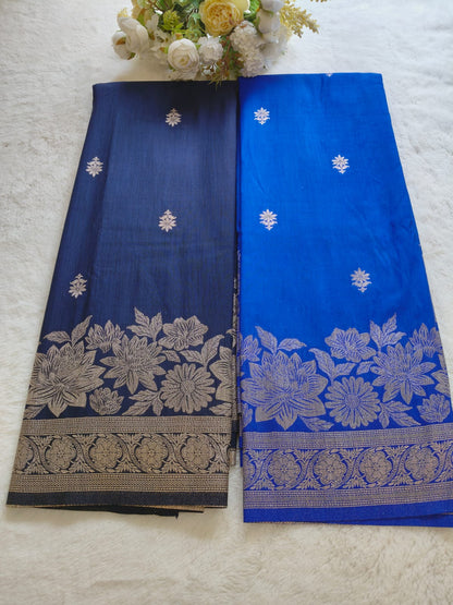 Pani Silk Saree Navy Blue & Royal Blue with Silver Zari Floral Border | SS-106