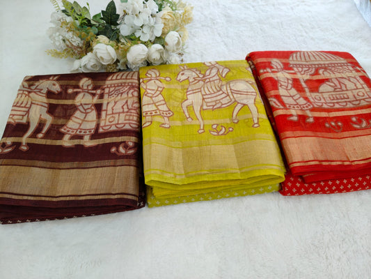 Printed Linen Saree with Traditional Horse Motifs | Artistic Festive & Casual Wear Saree - SS-110