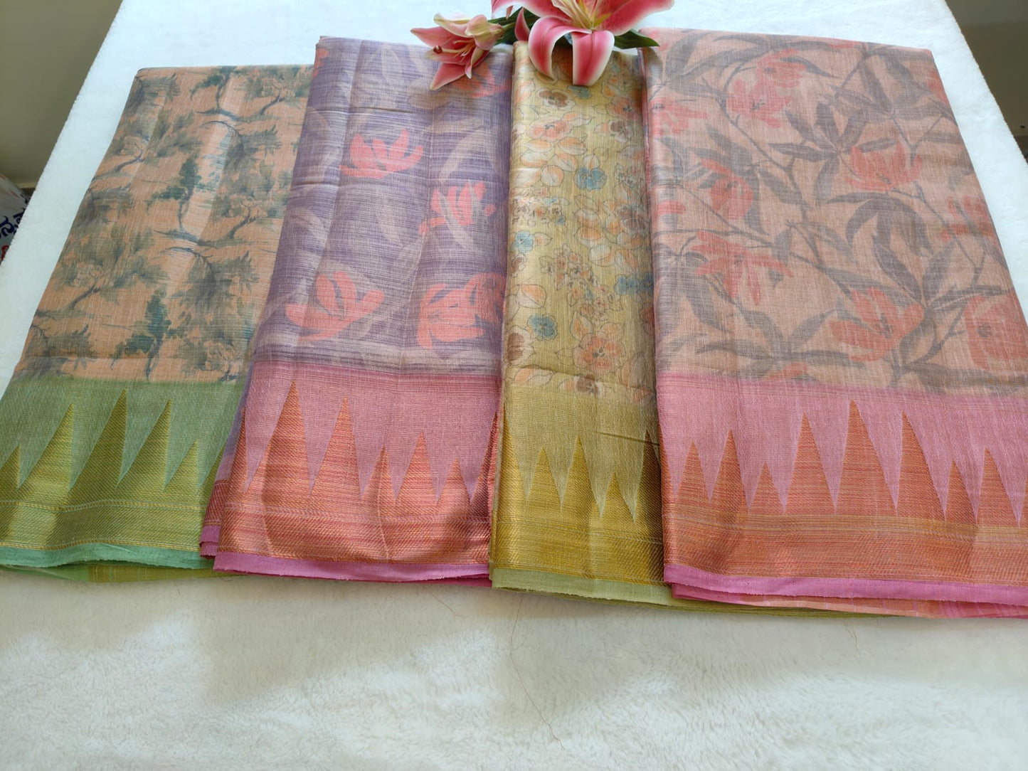Soft Tissue Silk Floral Printed Saree with Contrast Border | Lightweight Elegant Party Wear- S-111