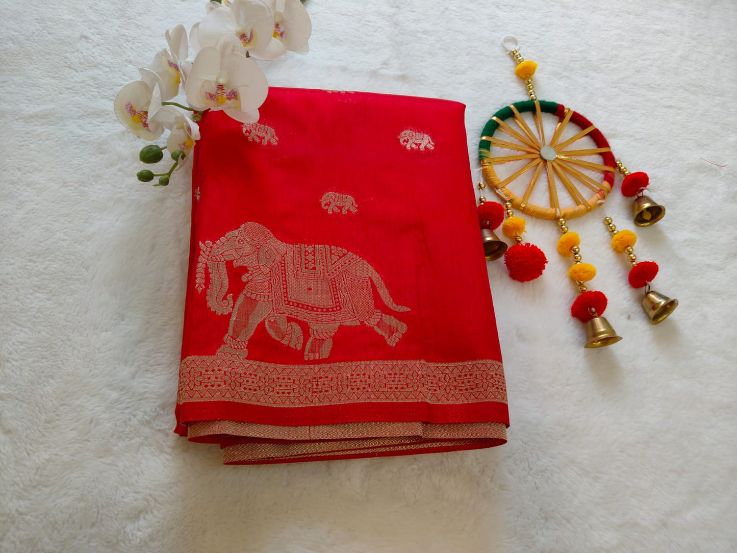 Red Dola Viscose Saree with Elephant Zari Border | Traditional Festive Wear Saree -SS-112