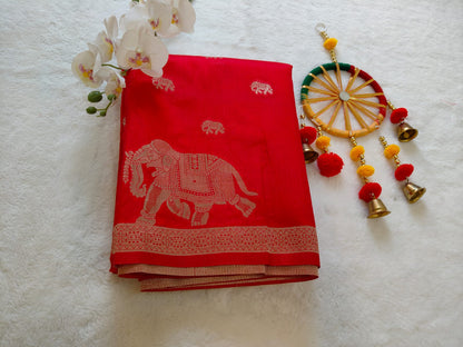 Red Dola Viscose Saree with Elephant Zari Border | Traditional Festive Wear Saree -SS-112