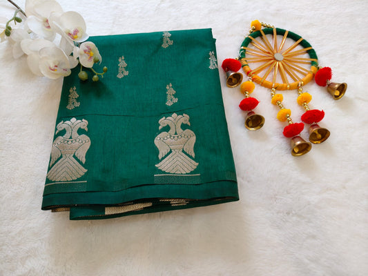 Green Dola Viscose Saree with Silver Zari Border | Elegant Festive & Wedding Wear Saree-SS- 113