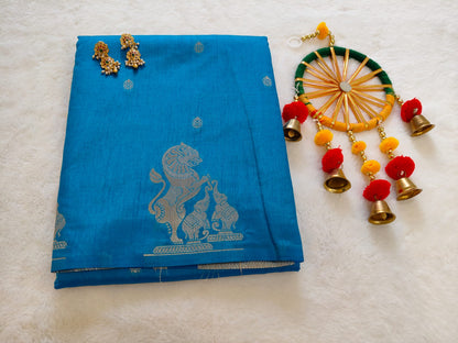 Elegant Blue Dola Viscose Saree with Silver Zari Motifs | Festive & Ethnic Wear - SS-115