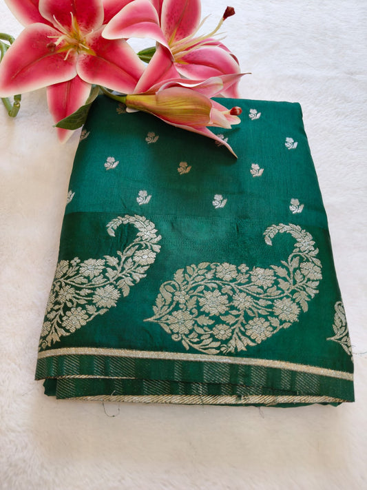 Elegant Green Silk Saree with Gold Zari Floral Border - SS-116