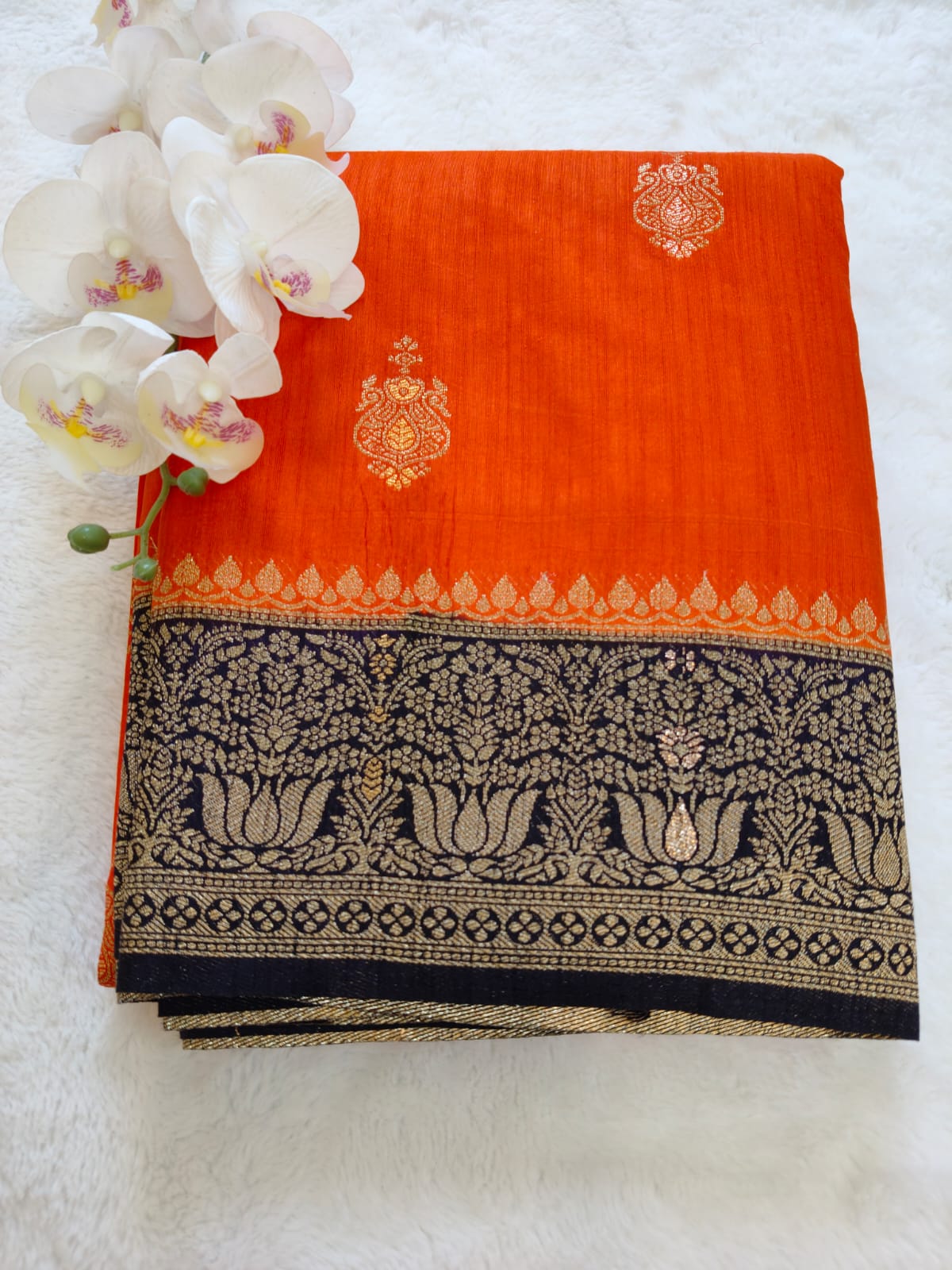 Vibrant Orange Silk Saree with Black & Gold Zari Border - SS-117
