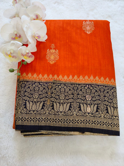 Vibrant Orange Silk Saree with Black & Gold Zari Border - SS-117