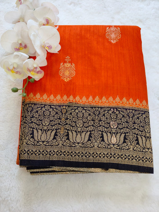 Vibrant Orange Silk Saree with Black & Gold Zari Border - SS-117