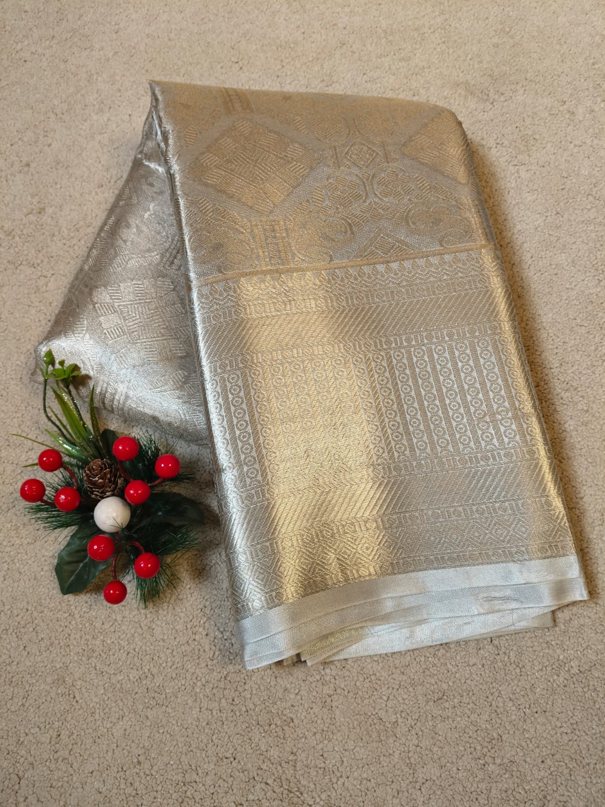 Silver Colored & Silver Toned Zari Semi Silk Saree (JTS-02)