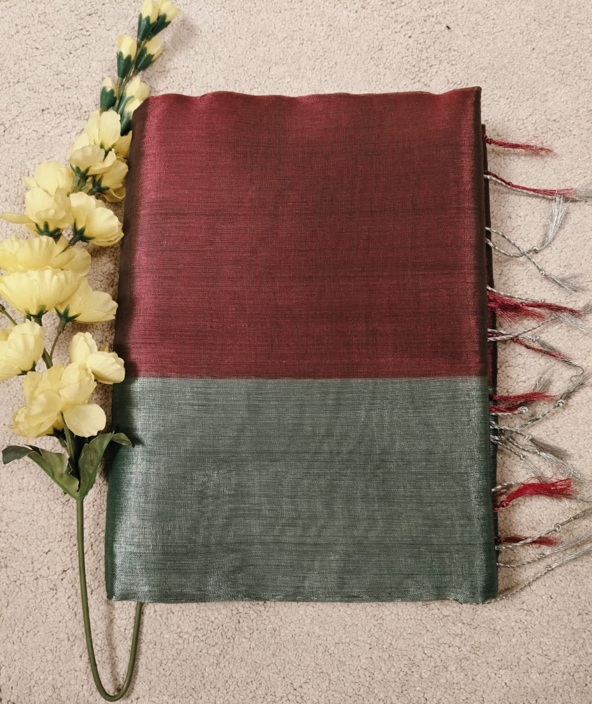 Mul Tissue Saree – Maroon and Green(Code MMT-04)