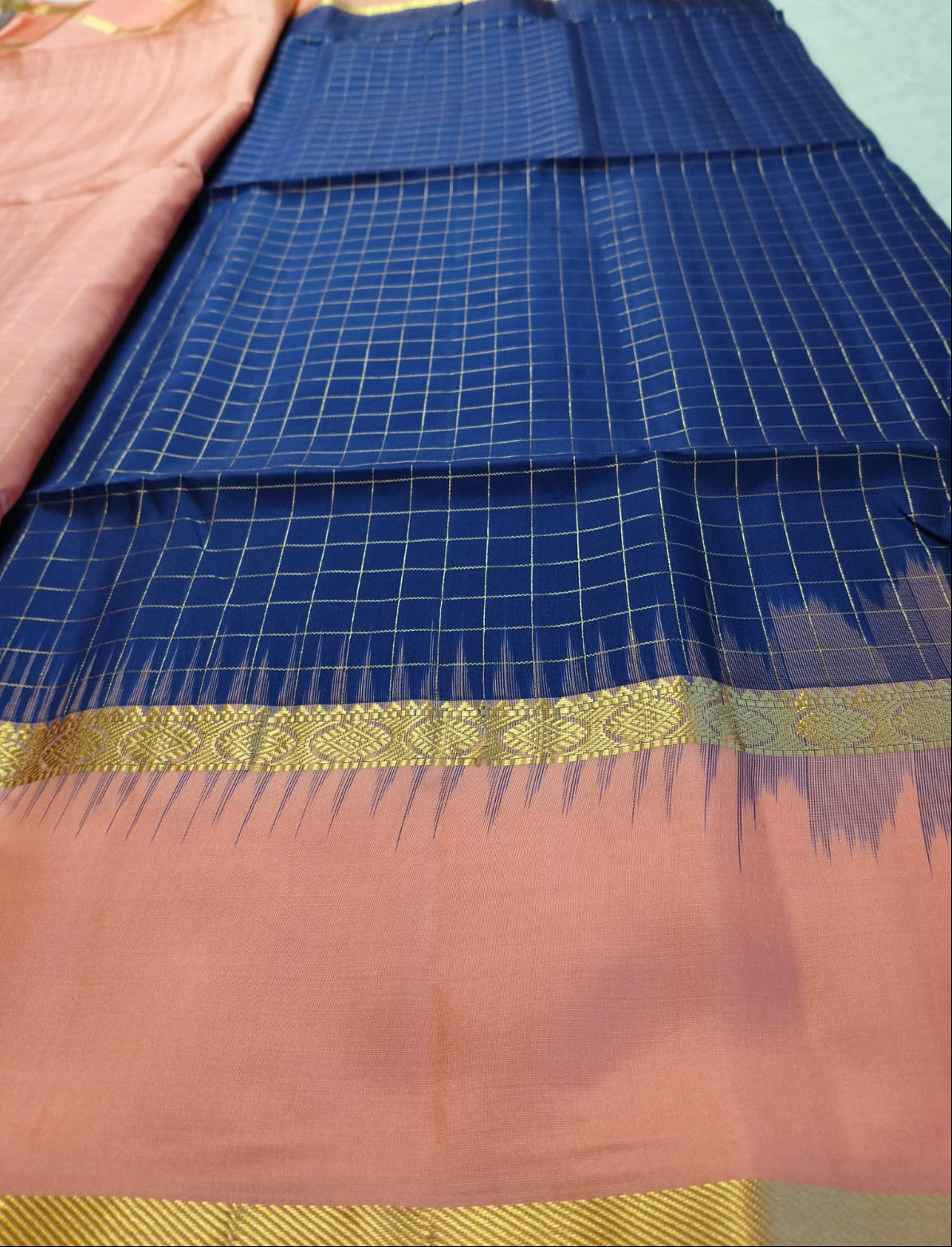 Pure Silk Saree – Peach & Navy blue (Code PSS-27)