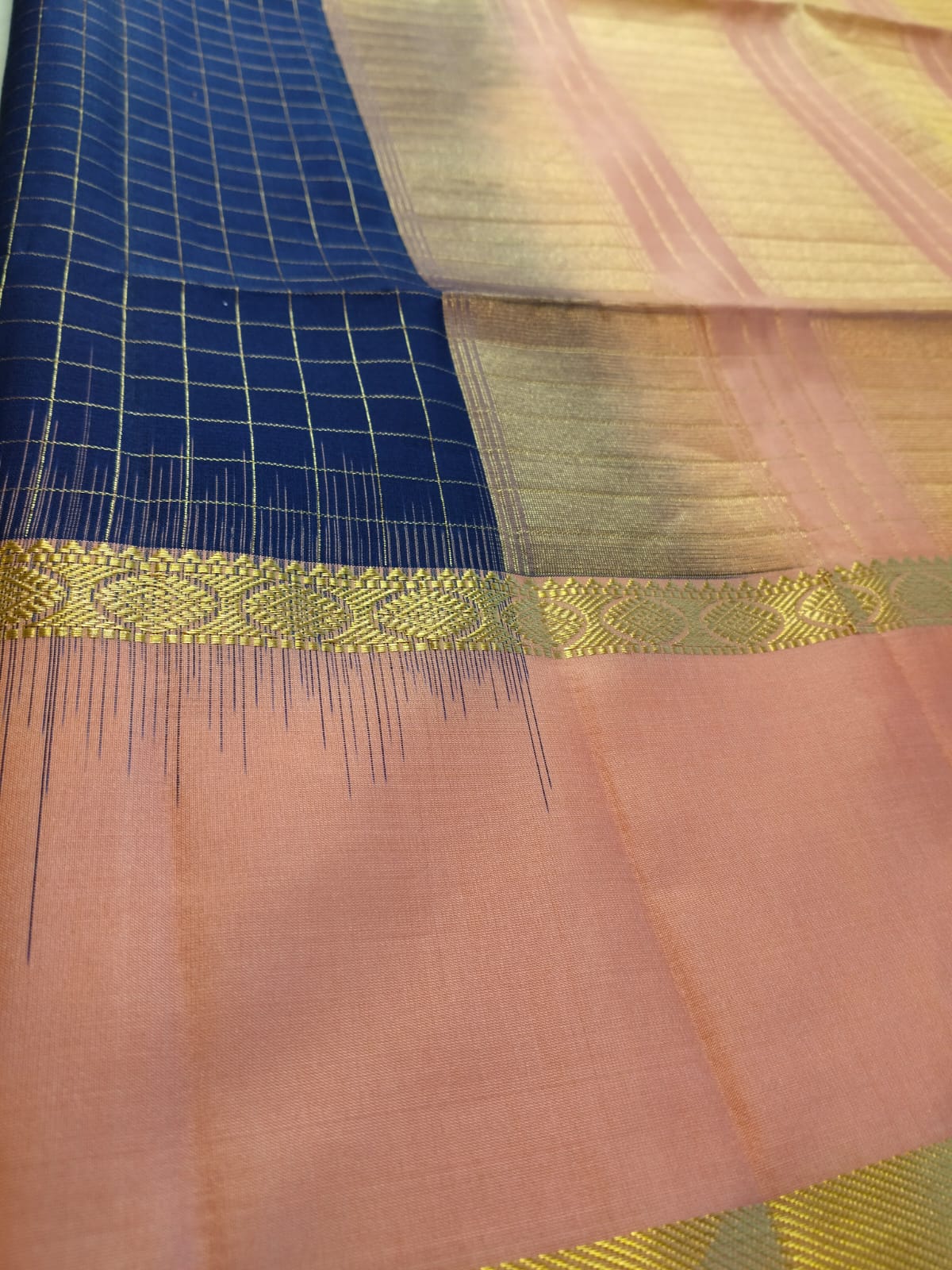 Pure Silk Saree – Peach & Navy blue (Code PSS-27)