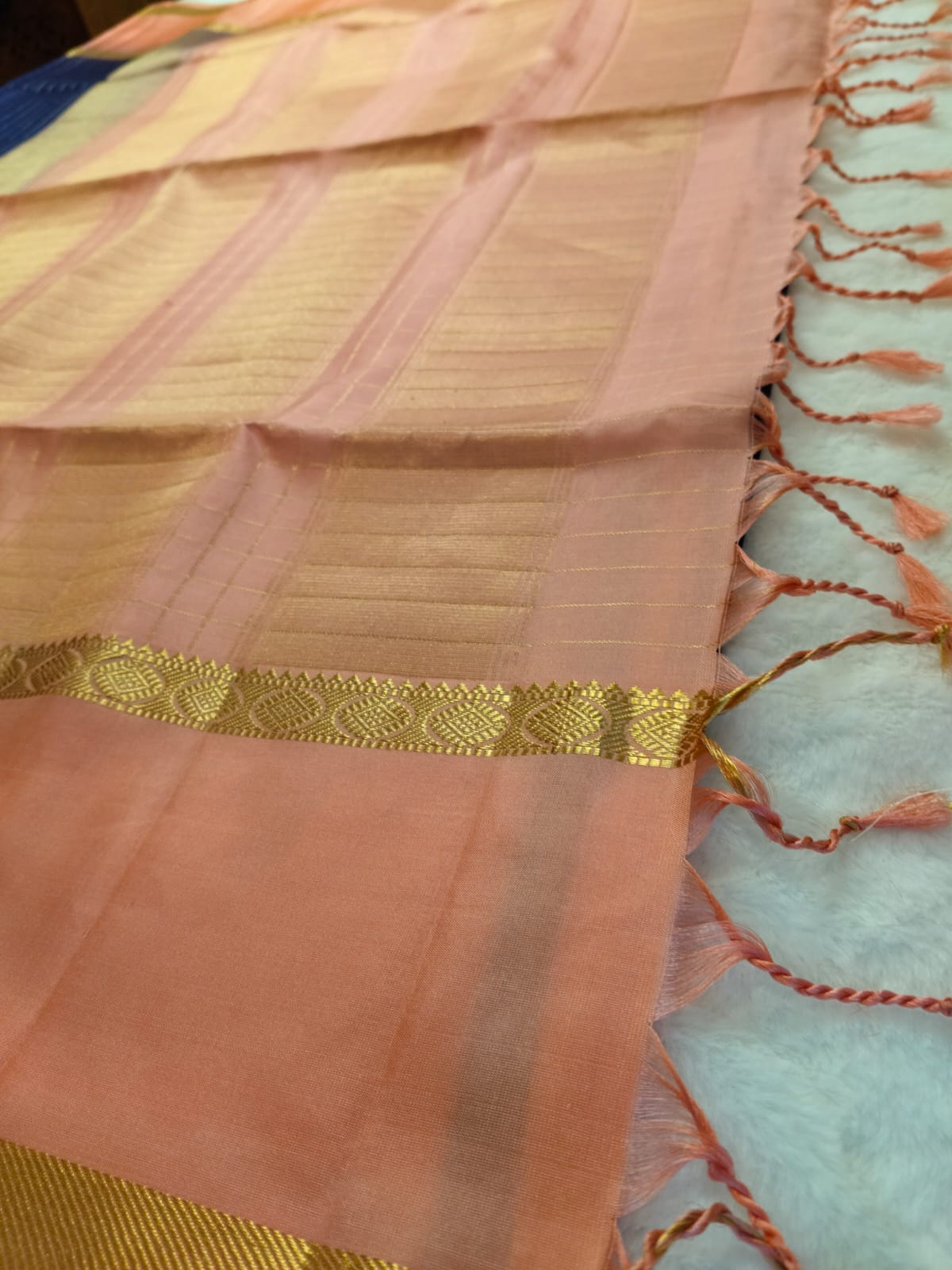 Pure Silk Saree – Peach & Navy blue (Code PSS-27)