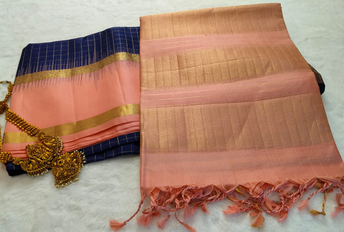 Pure Silk Saree – Peach & Navy blue (Code PSS-27)