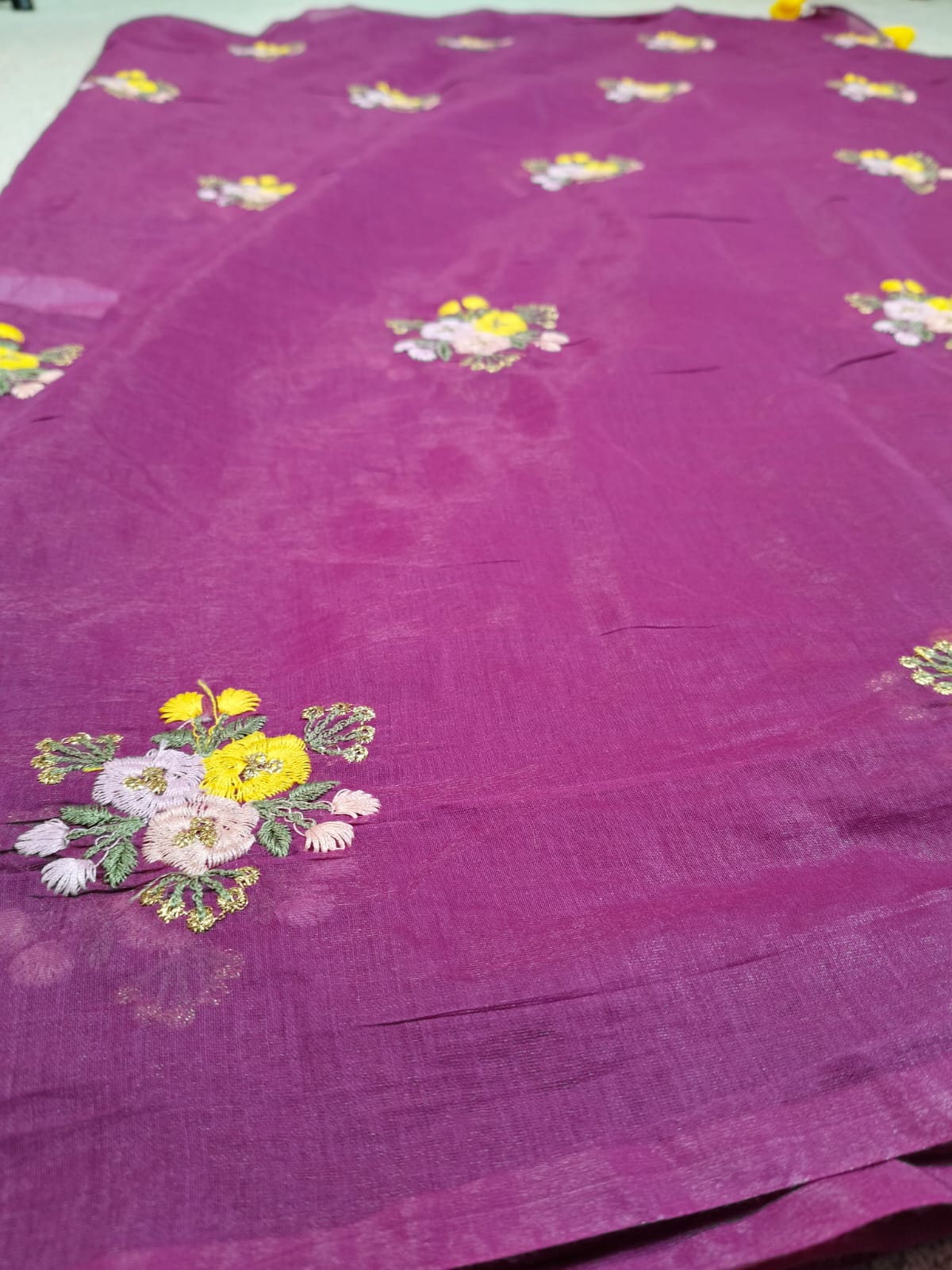 Pure Mul Chanderi Embroidery Saree (Floral without Butta) with Blouse Piece(Code PMCE-03)