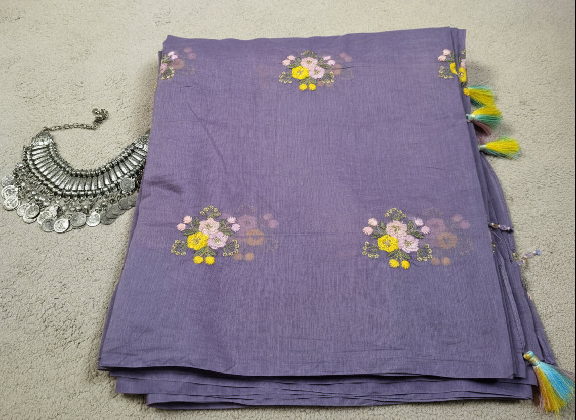 Pure Mul Chanderi Embroidery Saree (Floral without Butta) with Blouse Piece(Code PMCE-03)