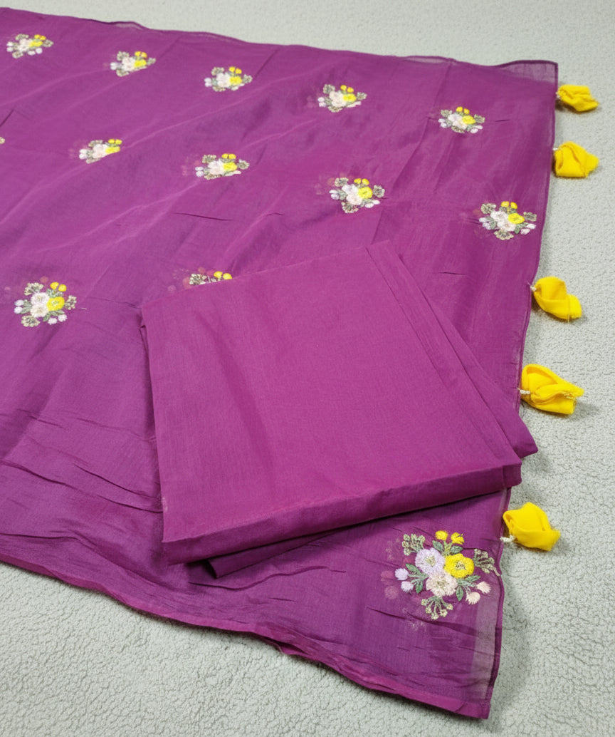 Pure Mul Chanderi Embroidery Saree (Floral without Butta) with Blouse Piece(Code PMCE-03)