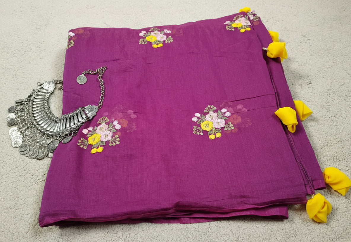 Pure Mul Chanderi Embroidery Saree (Floral without Butta) with Blouse Piece(Code PMCE-03)