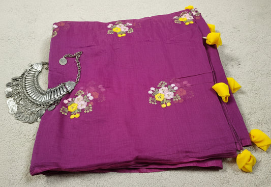 Pure Mul Chanderi Embroidery Saree (Floral without Butta) with Blouse Piece(Code PMCE-03)