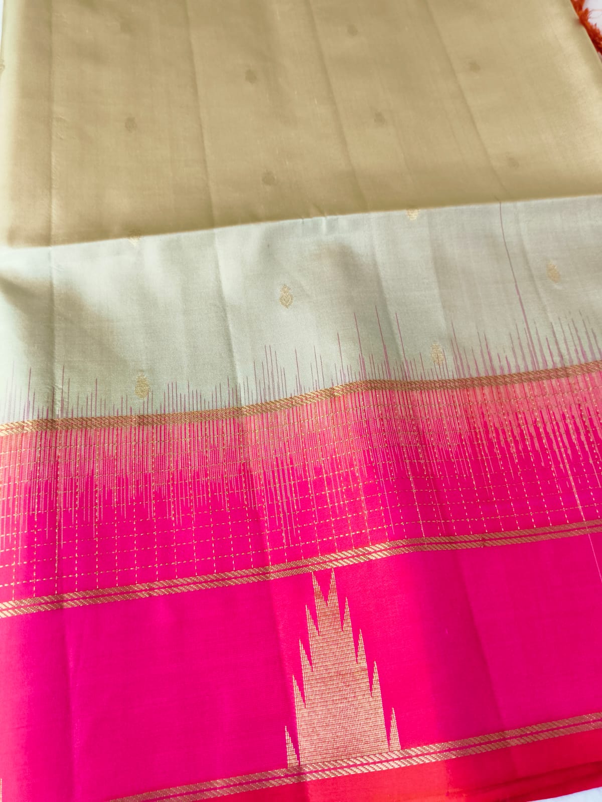 Pure Silk Saree-Beige & Rani Pink(Code PSS-16)