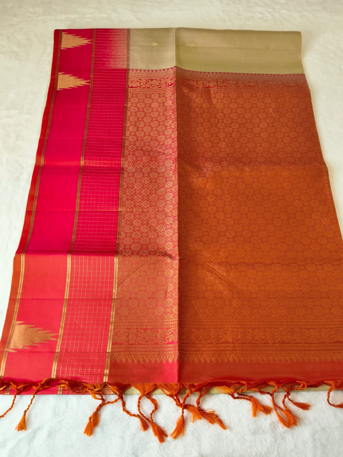 Pure Silk Saree-Beige & Rani Pink(Code PSS-16)