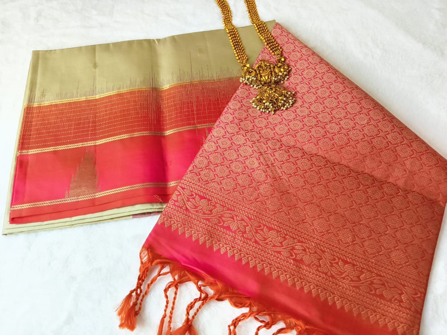 Pure Silk Saree-Beige & Rani Pink(Code PSS-16)