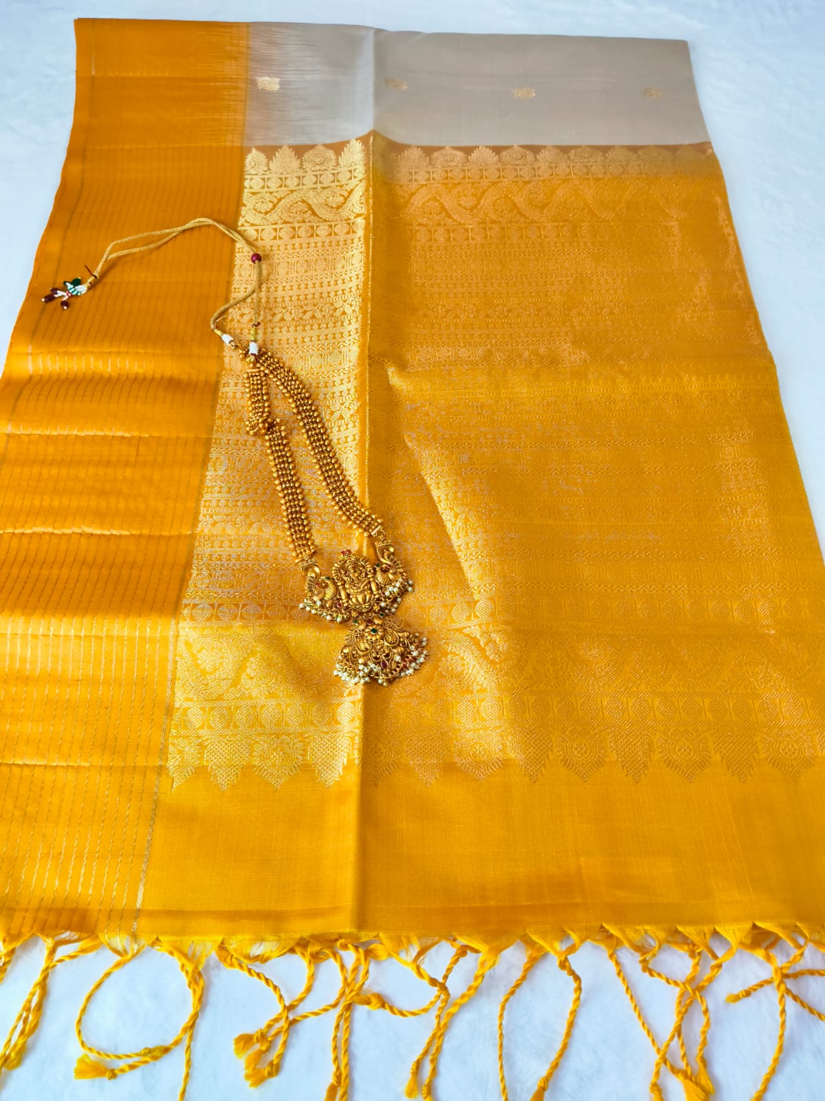 Pure Silk Saree –Mustard Yellow &  Beige(Code PSS-13)