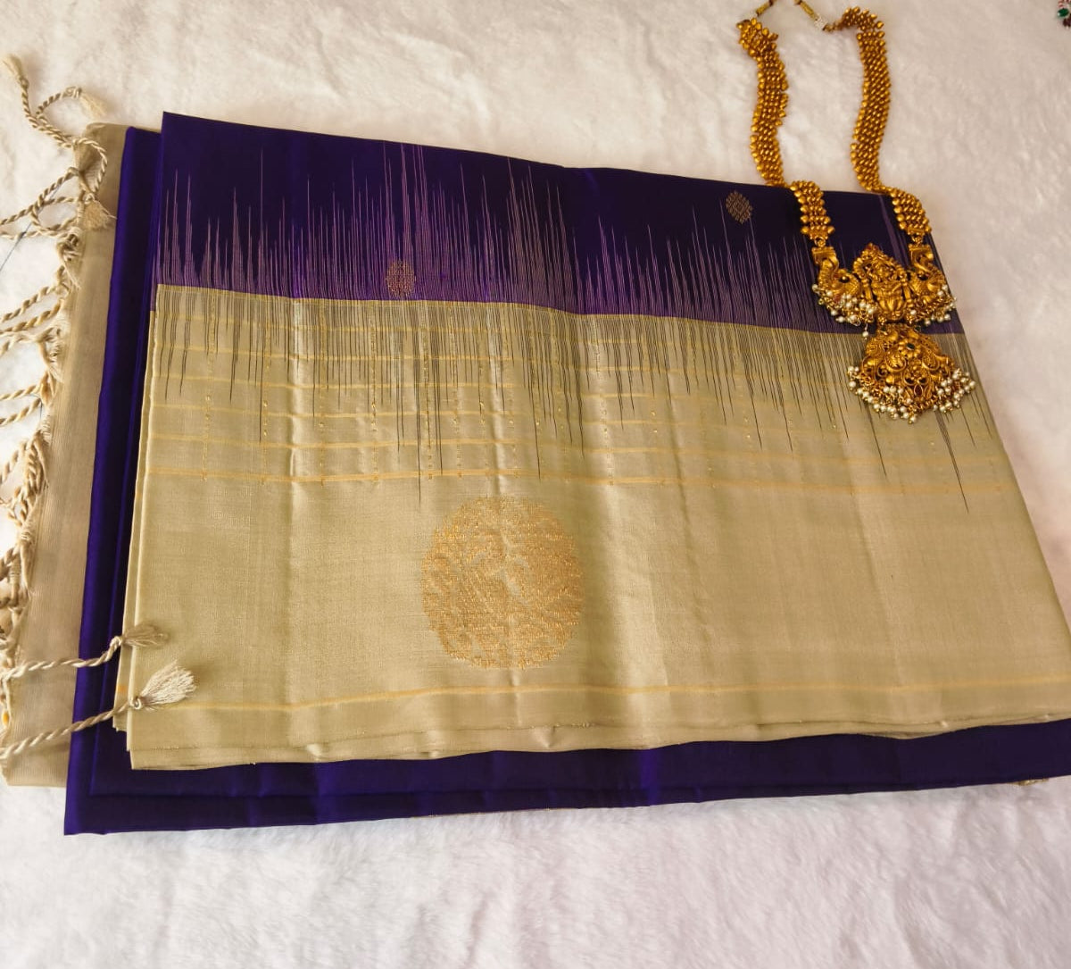 Pure Silk Saree – Cream & Royal Purple(Code PSS-22)