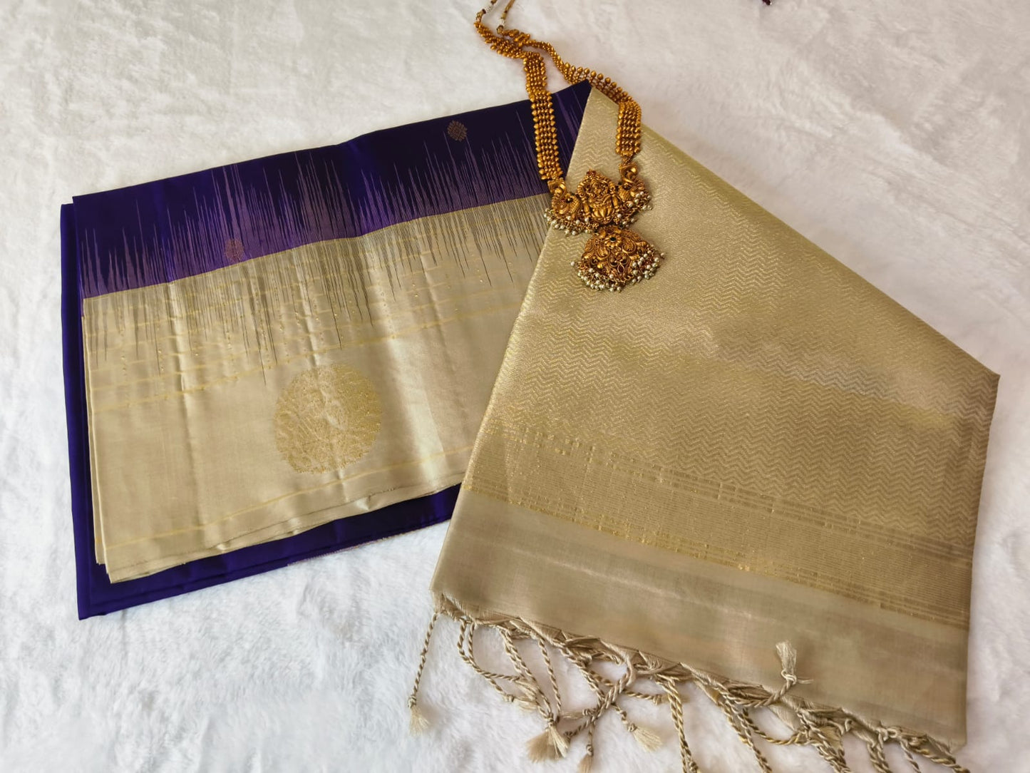 Pure Silk Saree – Cream & Royal Purple(Code PSS-22)