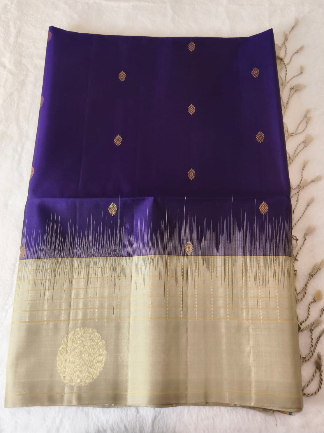 Pure Silk Saree – Cream & Royal Purple(Code PSS-22)