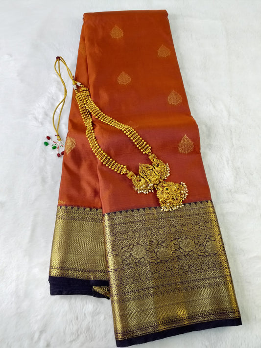 Pattu Silk Saree Rust Orange With Dark Coffee Border (PTS-04)