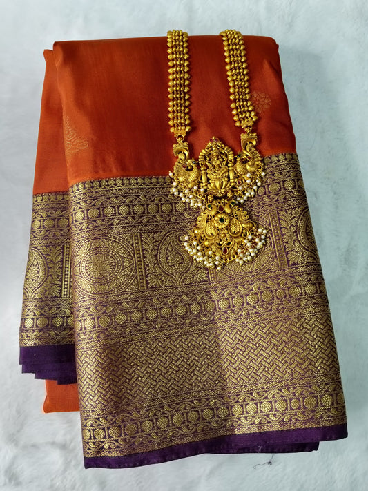 Pattu Silk Saree Rust Orange With Dark Purple (PTS-05)
