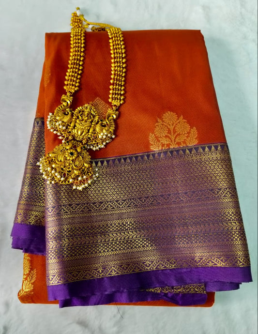 Pattu Silk Saree Rust Orange With Royal Purple Border(PTS-02)