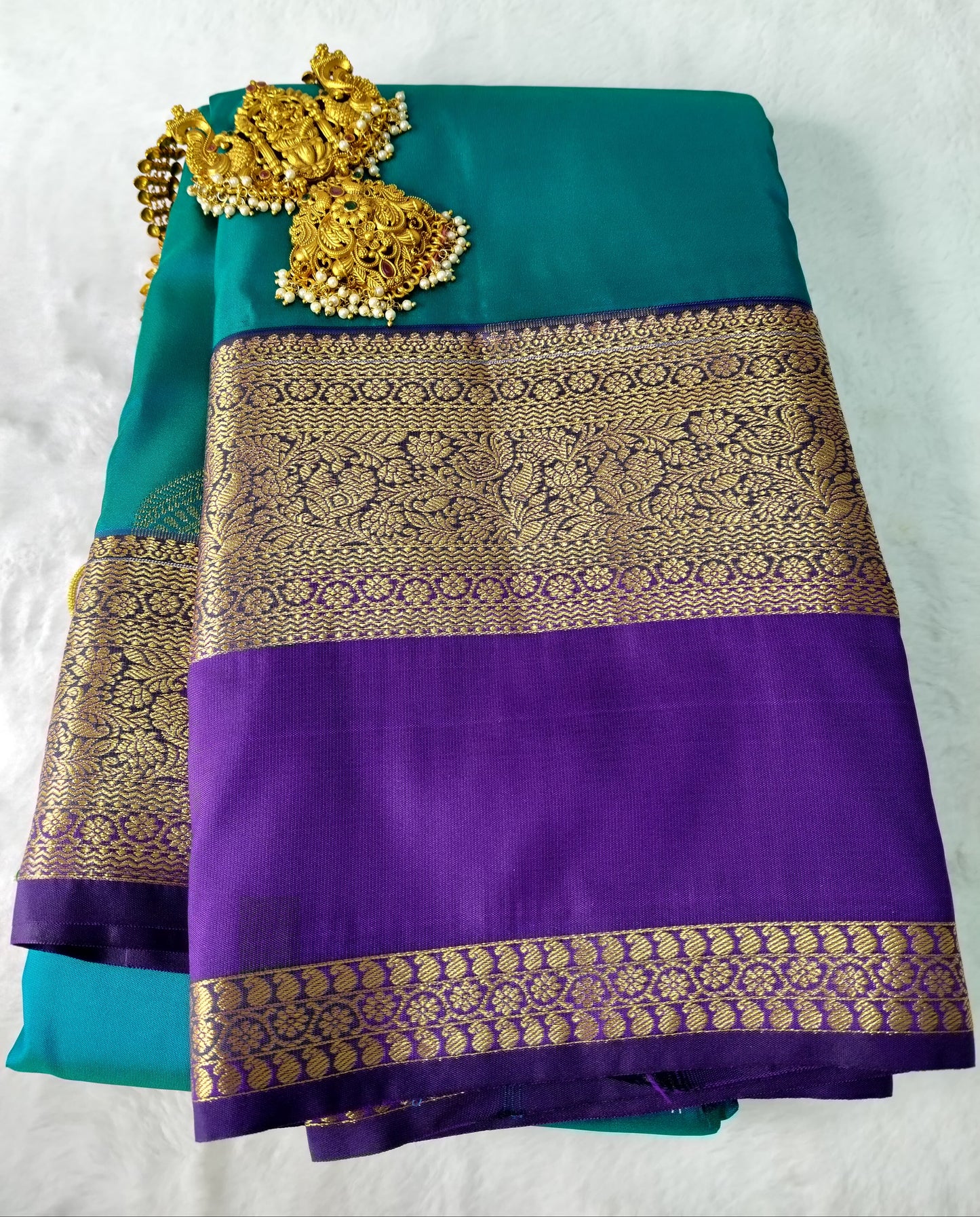 Pattu Silk Saree Teal With Dark Purple Bentex Border(PTS-15)