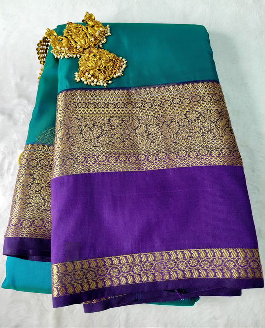 Pattu Silk Saree Teal With Dark Purple Bentex Border(PTS-15)
