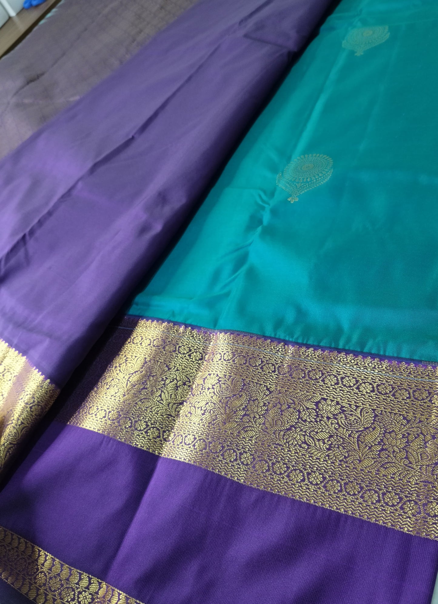 Pattu Silk Saree Teal With Dark Purple Bentex Border(PTS-15)