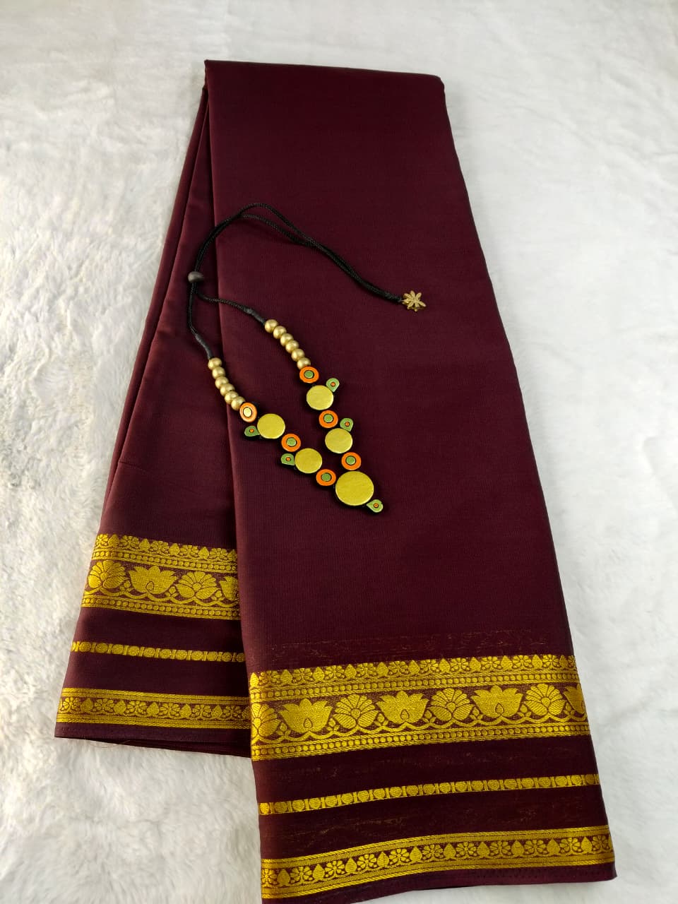 Premium Semi Crepe saree - Dark Chocolate Brown with Gold Zari Border(SS-34)