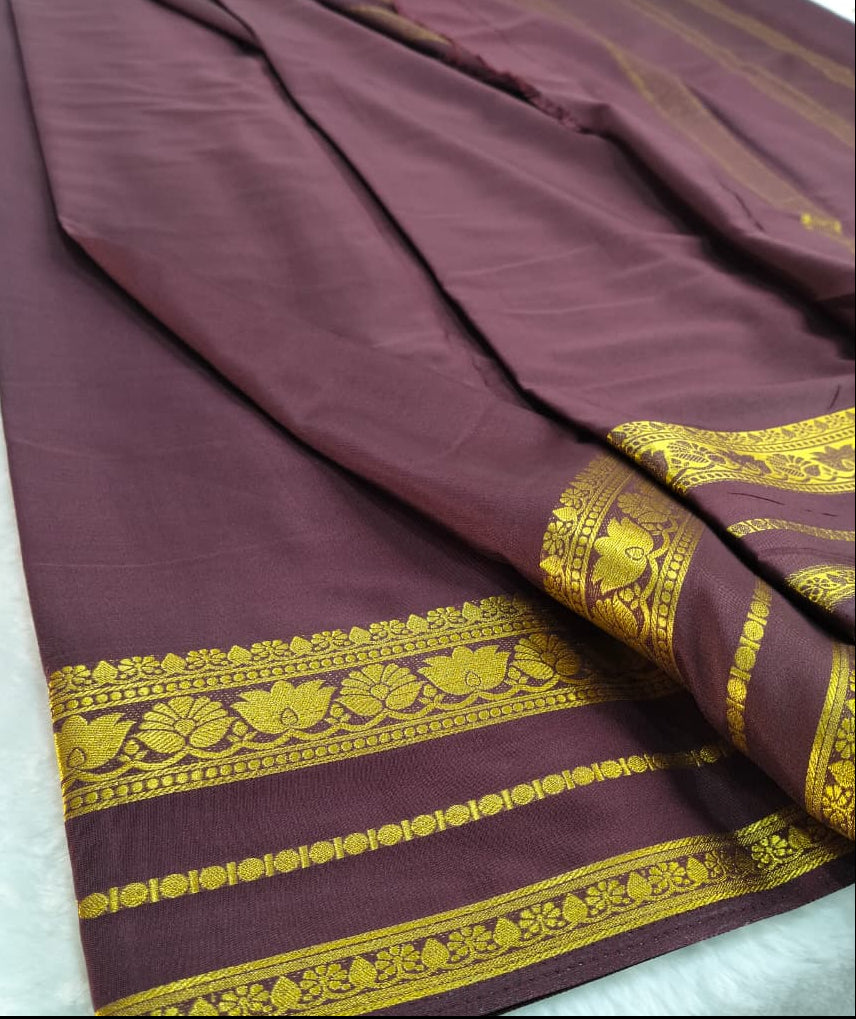 Premium Semi Crepe saree - Dark Chocolate Brown with Gold Zari Border(SS-34)