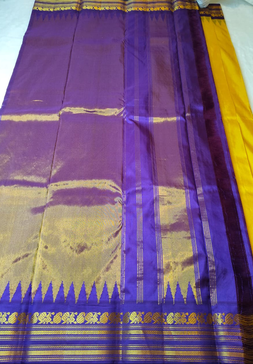 Molakalmuru Pure Temple Kuttu Saree Yellow With Royal Purple(MMP-04)