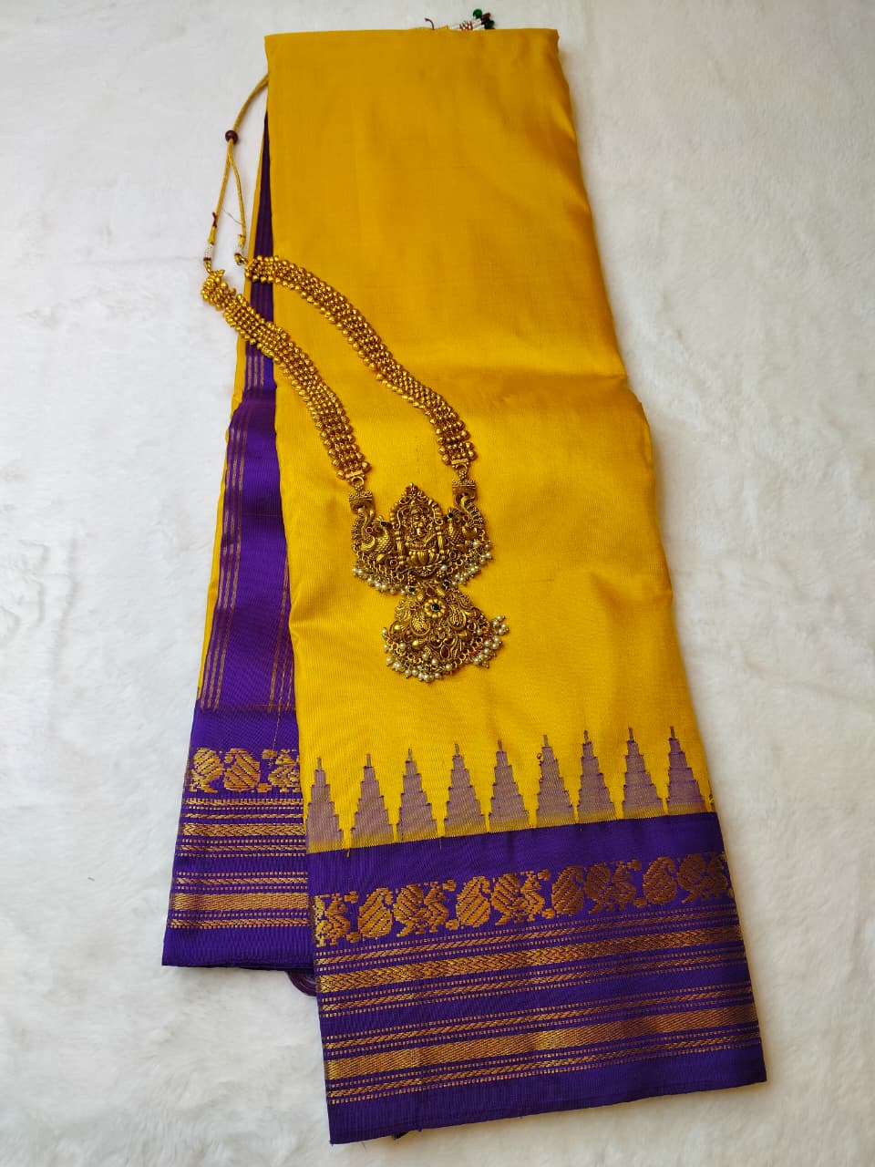 Molakalmuru Pure Temple Kuttu Saree Yellow With Royal Purple(MMP-04)