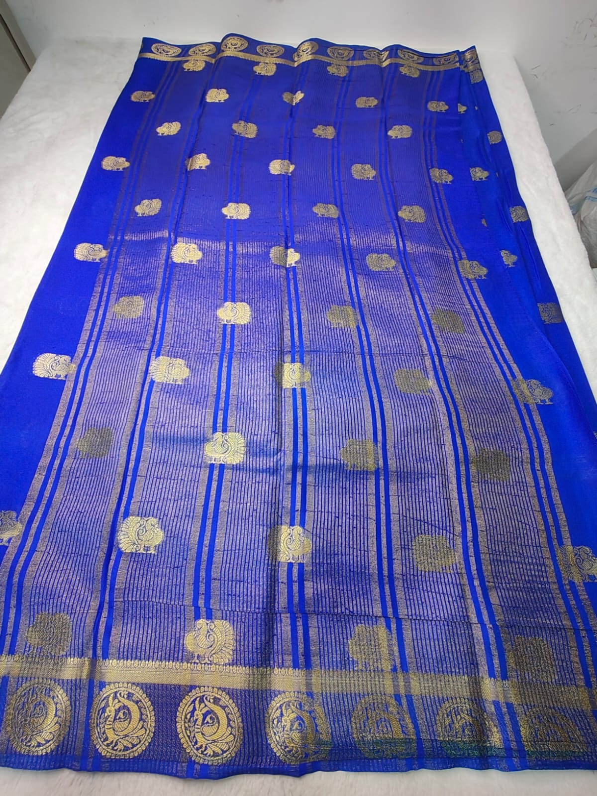 Royal Blue Semi Silk Gadwal Saree with Gold Zari Peacock Border - SS-96