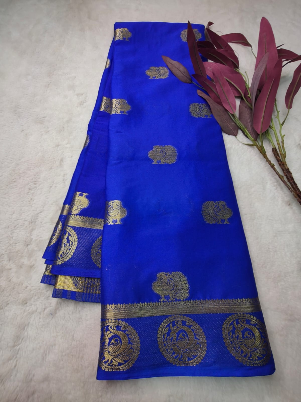 Royal Blue Semi Silk Gadwal Saree with Gold Zari Peacock Border - SS-96