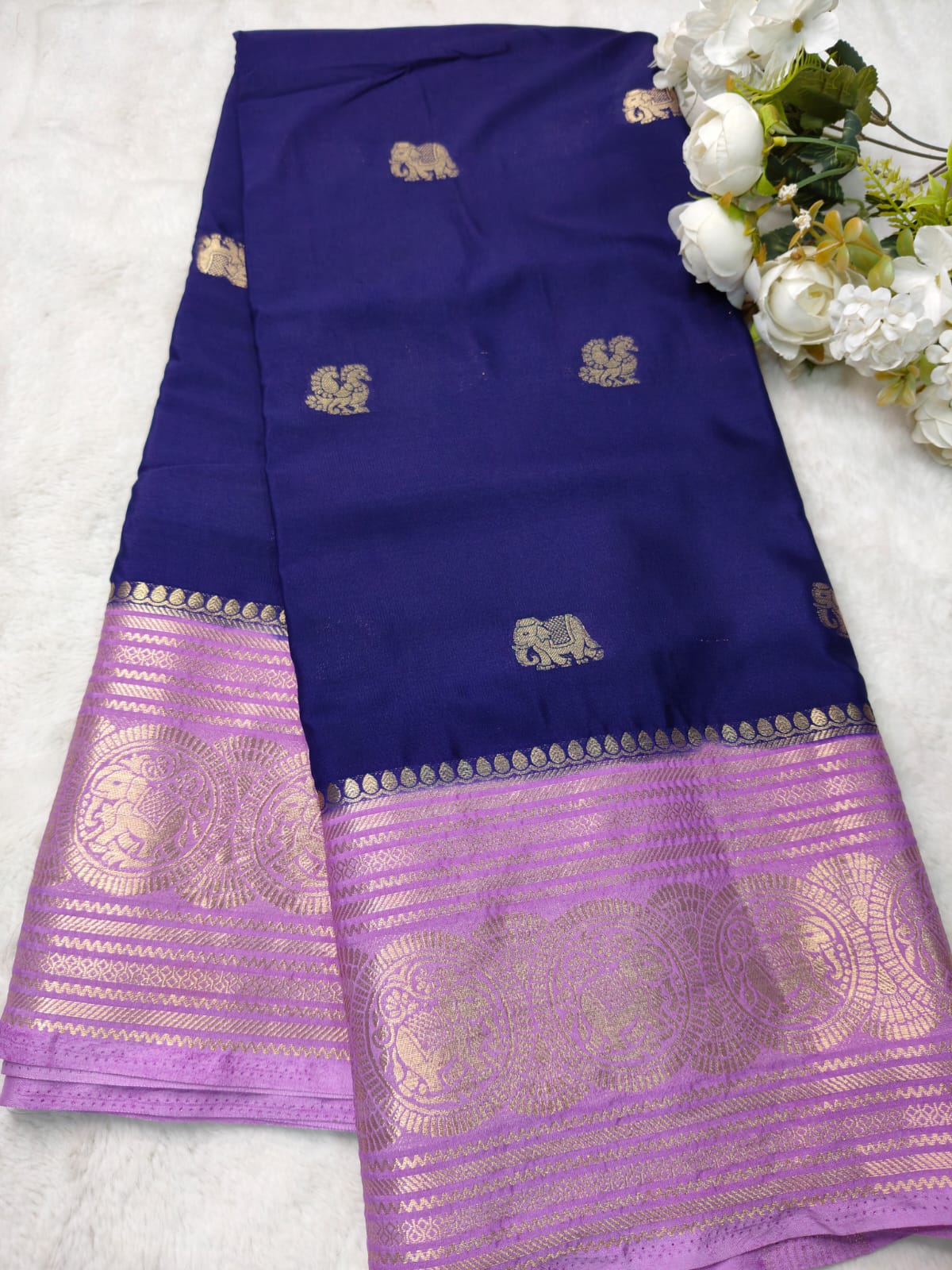 Semi Silk Saree with Elephant Zari Border | Royal Blue & Purple Traditional Saree SS-98