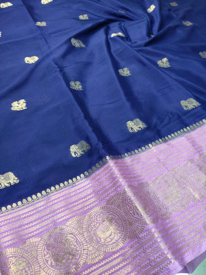 Semi Silk Saree with Elephant Zari Border | Royal Blue & Purple Traditional Saree SS-98