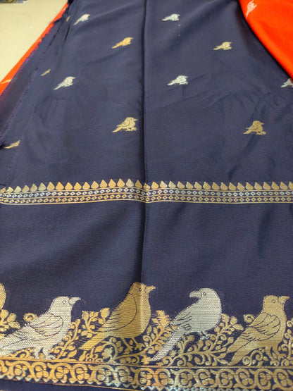 Semi Silk Saree with Bird Zari Border | Contrast Festive Traditional Saree SS -101