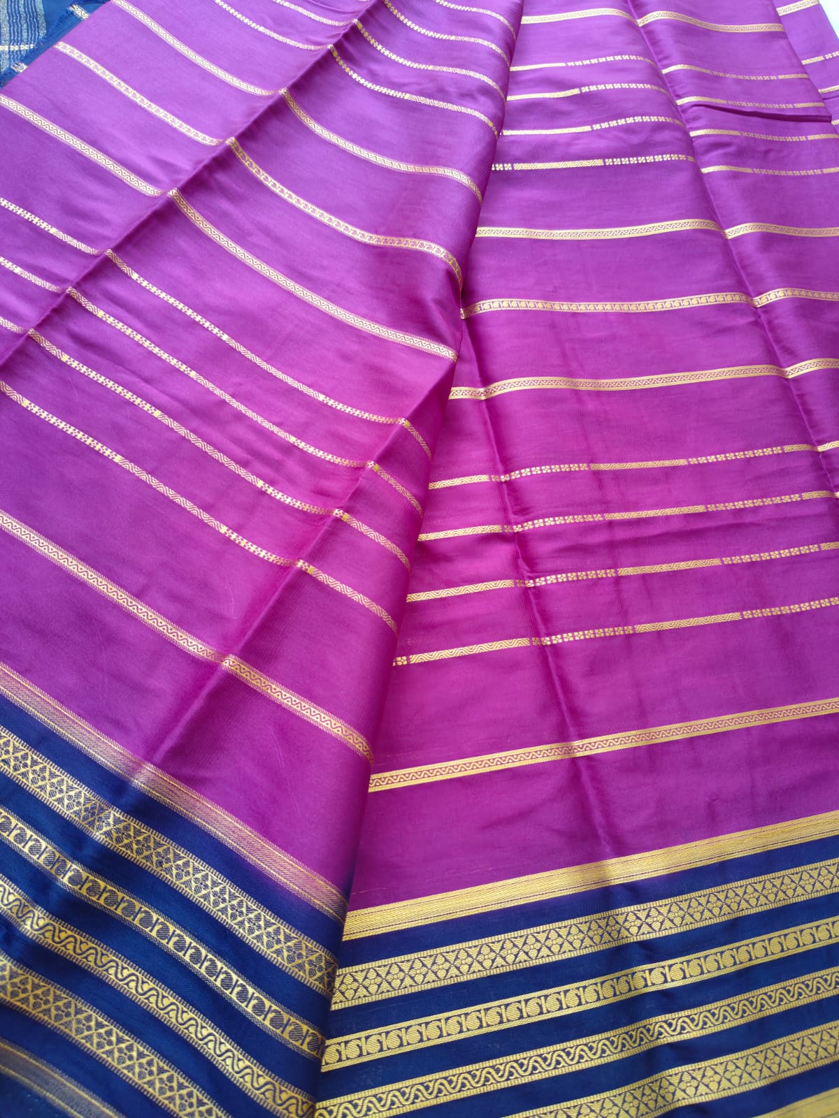 Magenta & Navy Blue Silk Saree with Gold Zari Border | Traditional Indian Saree - SS- 103